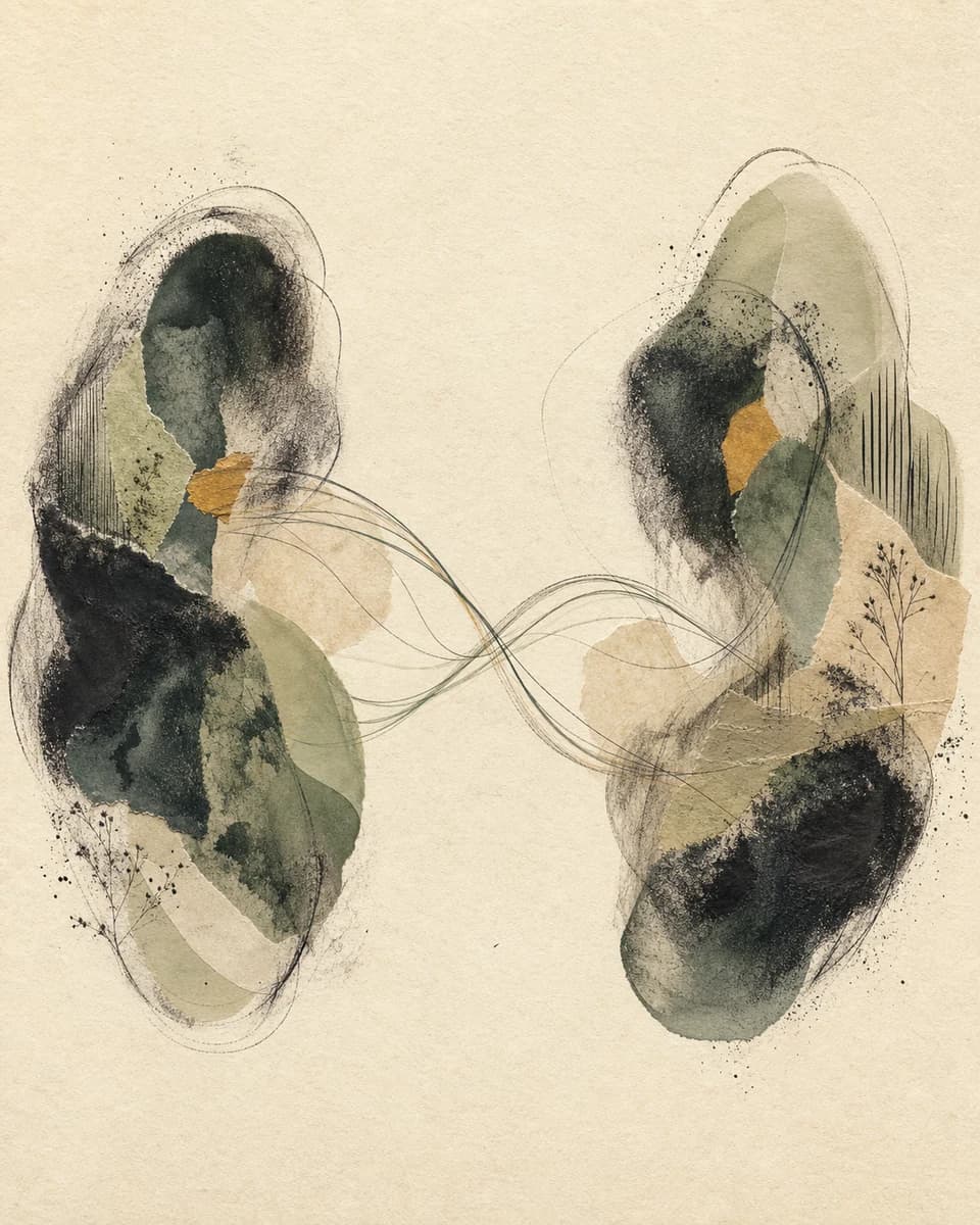 Paired abstract forms connected by gently flowing lines